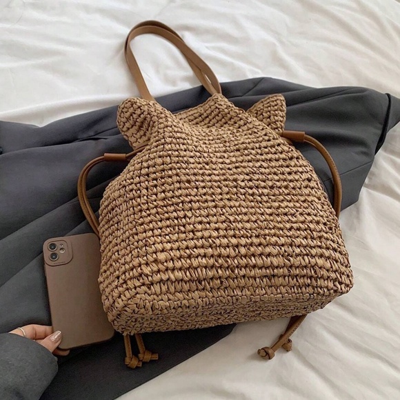 Boho Khaki Vegan Leather Straw Medium Size Tote Bag - Picture 5 of 6